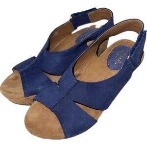 Clarks Artisan Caslynn Lizzie Blue Nuebuck Suede Platform Cork Wedge Sandal 5M